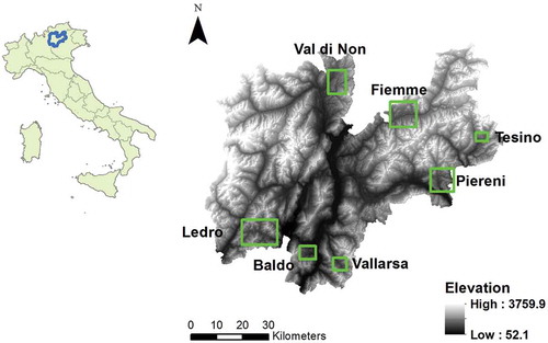 Figure 1. Location of the Autonomous Province of Trento in Italy (left) and of the seven study sites within the Province (right).