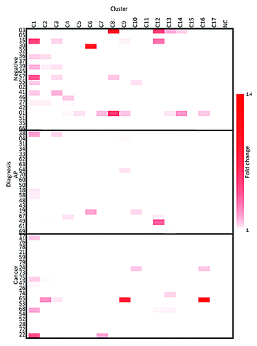 Figure 1. IL-10-fold change heatmap. The fold change of the supernatant levels of IL-10 from the three groups compared with the NC, as evaluated on Day 2, NC is a negative control. The clusters are listed across the top and the three cohorts are listed on the y axis.