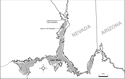 Figure 3 Lake Mead at full pool (outline) and at the approximate current elevation of 1100 ft (335 m, gray fill).