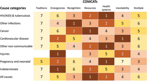 Figure 1. Assigned COMCATs ranked within each major cause of death category, for 4,116 deaths in the Agincourt Health and Demographic Surveillance System.