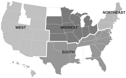 Figure 1. States participating in the Nationwide Inpatient Sample. Shading denotes different regions.