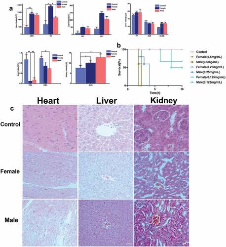 Figure 2. Toxin activity. (a) Blood biochemical indexes, (b) Survival curve of mice, (c) The effects of male and female scorpion venom of Mesobuthus martensii on heart, liver, and kidney.