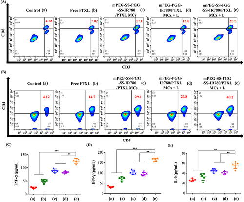 Figure 10 Representative FCM profiles of CD3+CD8+ T cells (A) and CD3+CD4+ T cells (B) in tumor. ELISA analysis of intraserous cytokine levels of TNF-α (C), IFN-γ (D), and IL-6 (E) after different treatments on day 21 (n = 5, **P < 0.01, ***P < 0.001).