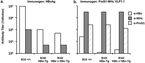 Figure 5. Immunization with PreS1-WHc VLP1.1 circumvents immune tolerance in HBe/HBcAg-Tg mice. Groups of three B10 wildtype, B10 HBeAg-Tg, and B10 HBe/HBcAg double-Tg mice were immunized (i.p.) with a single 20 µg dose of HBcAg (a) or PreS1-WHc VLP1.1 (b) emulsified in IFA. Four weeks after immunization sera were collected, pooled and tested by ELISA for IgG anti-HBc, anti-WHc, and anti-PreS1 Abs expressed as endpoint (1/dilution) titers.