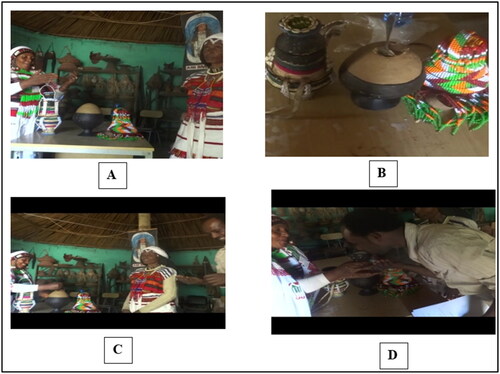 Figure 1. Discussion on indigenous chuko practices with cultural leaders (Haadha Siinqee). (A) Culture leaders explain the chuko preparation; (B) Prepared chuko presented traditionally; (C) Tasting the chuko by the first author; (D) Checking the sensory properties of the chuko by the first author.