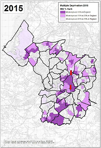 Figure 1. Location of Plutus’s proposed diesel generation plants in Bristol mapped onto the map of deprivation in the Bristol Deprivation Report 2015.