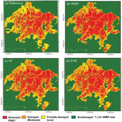 Figure 4. (A) Reference data for the site a (EMSR448); (b) Reclassified dNBR map for site A; (c) Classification result using the best RF model for the site A; (d) Classification result using the best SVM model for the site a (Destroyed class corresponds to high severity of dNBR map, damaged class corresponds to moderate and low severity of dNBR map).