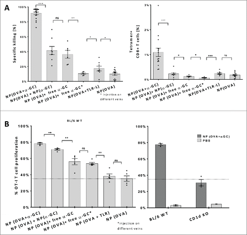 Figure 1. In vivo antigen-specific T cell responses induced by nanoparticles. (A) Mice were vaccinated with indicated nanoparticle combinations and transferred with SIINFEKL peptide-loaded syngeneic target cells and irrelevant peptide-loaded control cells. Primary antigen-specific in vivo killing responses (left) and SIINFEKL H-2Kb tetramer-positive cell percentages (right) obtained by OVA and α-GalCer or TLR-L injections were demonstrated. Results of three independent experiments were pooled. n> 6 for each group (B) OT-I T-cell proliferation induced by nanoparticle administration to wild type naive mice, n=5 (left). Comparison of OVA+ α-GalCer nanoparticle induced proliferation of OT-I T cells transferred to either CD1d KO or wild-type mice, n=30 (right). Parenthesis indicates encapsulation, ↔ indicates injection of NP(OVA) and free α-GalCer to different veins consequently. 0,66ug OVA, 1ng α-GalCer, 143ng R848 and 70ng poly I:C was introduced within NPs. Mean values were shown with standard error, ns: no significance, * p < .05, ** p < .01, *** p < .001