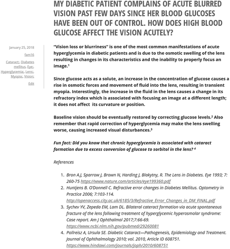 Figure 1. Actual pearl posted on Pearls4peers authored by a medical student based on visual changes in a diabetic patient with high blood glucoses.