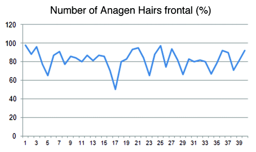 Figure 3. The illustration shows the fluctuation of the anagen hairs in the frontal region of the head. On average the anagen rate was 80.0%.