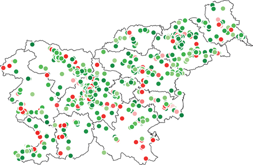 Figure 4. Distribution of job postings among the Slovenian regions. The dots represent the job postings and the colours are with respect to Figure 1.