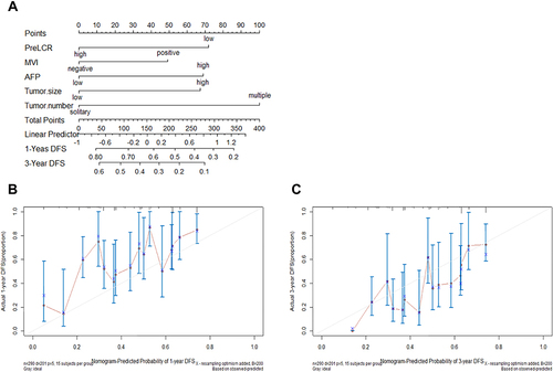 Figure 5 Nomogram of the preoperative model for disease-free survival (DFS) in patients with hepatocellular carcinoma (A). Calibration curves of the preoperative model for (B) 1-year and (C) 3-year DFS.