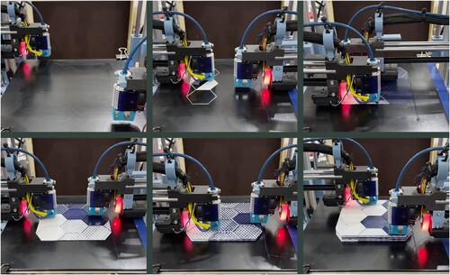 Figure 22. Images of the machine printing the hexagonally tiled object. The full video is available at: https://youtu.be/mrDgoHUAMtE?si = fGEjtKyiKE2E-yTW.