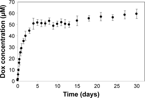 Figure S2 Concentration of Dox-FB measured at each time point during the release study.Note: Error bars represent SD between replicates (n=4).Abbreviations: Dox, doxorubicin; FB, free base.