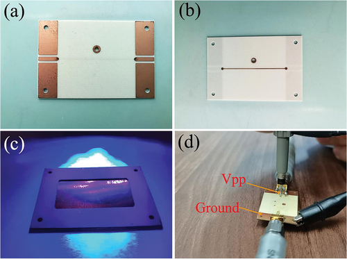 Figure 6. (Colour online) Fabrication process of the IMSL device based on Design 1: (a) top view of Substrate 1, (b) bottom view of Substrate 1, (c) the top surface of the board of ground plane was spin-coated with a thin layer of PI and (d) the bias voltage being applied on an IMSL device based on Design 1.