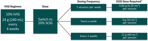 Figure 2. An example of a dosing regimen for PI switching from IVIG to SCIG based on a 1:1 dose conversion ratio.A 60 kg patient currently on 24 g IVIG (0.4 g/kg) every four weeks equating to an infusion volume of 240 mL. A conversion rate of 1.37 should be applied when converting from IVIG to SCIG in the United States.*SCIG dose can be adjusted based on clinical response and serum IgG trough levels.†Volumes should be rounded to the nearest available syringe size or combination of syringes.Abbreviations: IVIG: intravenous immunoglobulin; PI: primary immunodeficiency; SCIG: subcutaneous immunoglobulin.