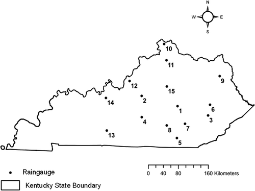 Fig. 1 Location of raingauges in the state of Kentucky, USA (Region I).