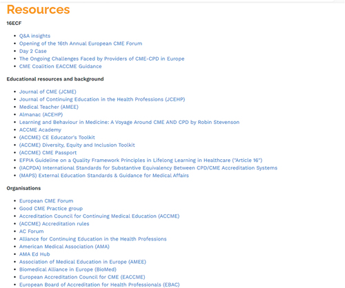 Figure 5. Example list of resources available to attendees.