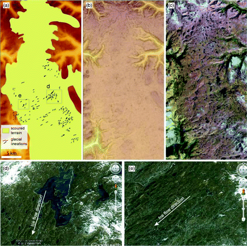 Figure 7. Examples of scoured terrain and glacial lineations (a) as mapped features, (b) on a DEM draped with a semi-transparent slope image, (c) and (d) on Landsat imagery, and (e) in Google Earth. Location of the area depicted in panels a–c is detailed in Figure 3. Locations for panels d and e occur in panel a.