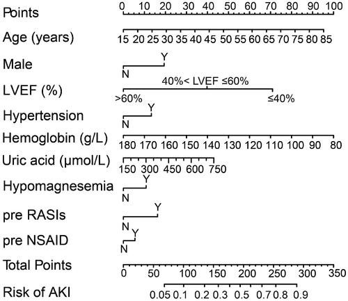 Figure 3. Nomogram for risk assessment of AKI after cardiac surgery in individuals who had normal kidney function. LVEF, left ventricular ejection fraction; NSAID, non-steroidal anti-inflammatory drugs; RASIs, renin-angiotensin system inhibitors.