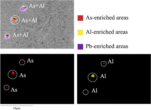 Figure 4. EDS analysis of As-enriched areas in CW626N, annealed at 400°C for 1000 h, overlapping with Al adjacent to Pb particles.