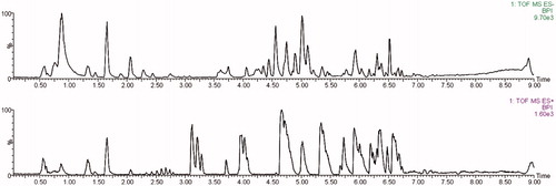 Figure 1. Representative UHPLC-Q-TOF-MS base peak intensity (BPI) chromatogram of a rat plasma sample analyzed in negative and positive ion modes.