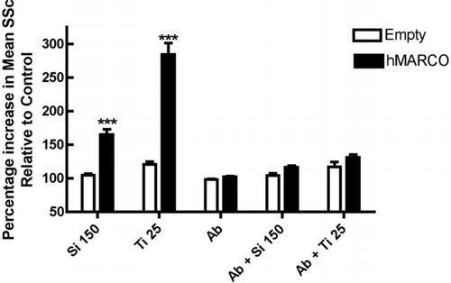 FIG. 1 The effect of human MARCO transfection on silica and TiO2 binding by HEK 293 cells. CHO cells were transfected using Lipofectamine 2000 (Life Technologies, Inc.) as per manufacturer's instructions with empty vector (Empty) or full length MARCO (hMARCO). Following 36–40 hr of transient transfections, CHO cells were harvested by using trypsin; the cells were then resuspended in 1 ml of PAB (0.1% sodium azide, 2% BSA in PBS) and counted. Cells (1 × 106) were treated with or without 10 μ g/ml of monoclonal antibody against SRCR domain of human MARCO (Plk-1) or 10 μ g/ml isotype control (IgG3) on ice for 15 min. The cells were then treated with either silica (150 μ g/ml) or TiO2 (25 μ g/ml) for 30 min at 37°C on the rotator. The particle binding was then measured as an increase in mean Side Scatter (SSc) by FACS Aria Flow cytometer as a marker of increase in granularity of cells due to silica or TiO2 binding Results represent mean ± SEM percent side scatter relative to unstimulated control cells following 30 min particle exposure in suspension culture. Open bars indicate empty vector control transfection. Solid bars indicate human MARCO transfection. ***p < 0.001 compared to corresponding ‘empty vector’ control by Bonferroni's post-hoc test. Sample size n = 7.