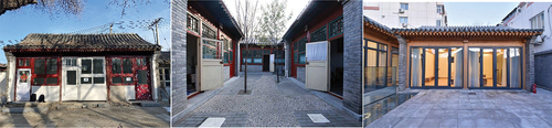 Figure 1. Courtyard houses in the study area (from left to right: self-reconstructed, conservative reconstruction, radical reconstruction).