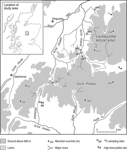 Figure 1. Location of the sampling sites for radiocarbon dating of sub-terrace and supra-terrace organic material. Also shown are the locations of the high-level (∼500 m) blanket peat pollen sampling sites of Binney (Citation1997; pollen site 1) and Paterson (Citation2011; pollen site 2).