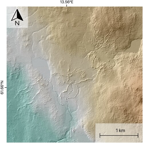 Figure 3. Array of esker-like ridges with variable orientations and no apparent relationship to other meltwater features. Since these complex geometries are rather uncommon for eskers in our study area we refrained from including them on the map to prevent potential bias. Data source: GSD-Höjddata, grid 2+ © Lantmäteriet.