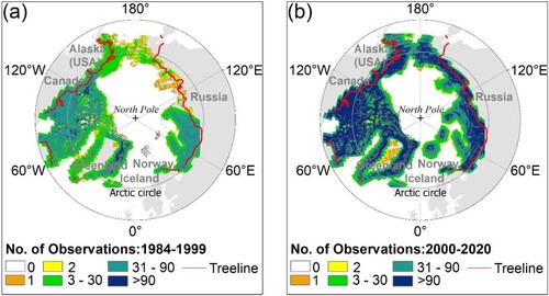 Figure 2. Number of valid Landsat observations during two periods (a) 1984–1999 and (b) 2000-2020.