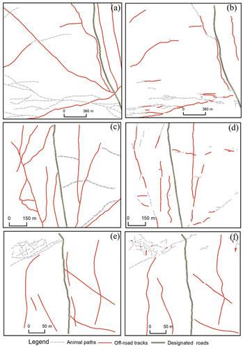 Figure 3. Correspondence matching for extracted and reference data for off-road tracks and animal paths for (a) extraction for the Site A, (b) reference for the Site A, (c) extraction for the Site B, (d) reference for the Site B, (e) extraction for the Site C, and (f) reference for the Site C.
