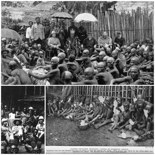 Figure 7 Juxtaposing oil consortium images with images from colonial archives reveals similarities in visual aesthetics and the colonial fantasy of a passive local. Top: A ceremony marking the formal “incorporation” of the Ewi of Ados Kingdom into the British Lagos Protectorate, 1897. Source: The Queens Empire: A pictorial and descriptive record. London: Cassell and Company, 1897–99 (FCO Historical Collection DA11 QUE). Bottom right: Photograph of children spinning cotton in Kamerun (Cameroon) in 1919. The original caption reads, “Native Children Spinning Cotton in Kamerun, Africa. Kamerun was the last German province in Africa to hold out against the Allies. This picture was taken by the Allies since they captured the colony. The natives were never before photographed.” Source: Kelly Miller’s History of the World War for Human Rights, originally published in 1919 by A. Jenkins and O. Keller. Bottom left: Young boys surround seated German colonists in Bamoun, Kamerun/Cameroon, 1905. Collage by author.