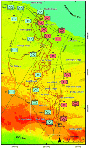 Figure 2. Military map of the El Alamein's battlefield before the third and final battle of El Alamein (23 October 1942). The white rectangle indicates the surveyed area. Red units belong to Allied Forces, blue units to Axis forces. Legend: IT, Italy; GE, Germany; UK, United Kingdom; IN, India; SA, South Africa; AU, Australia; NZ, New Zealand; FR, France; XX, Division; X, Brigade; II, Regiment; Crossed box, infantry unit; ellipse, armored unit; crossed box with wings, airborne unit; crossed box with ellipse, mechanized unit; Brown lines, minefields; gray lines, tracks; Green areas, low elevation; red areas, high elevation; Dotted area, main ridge.