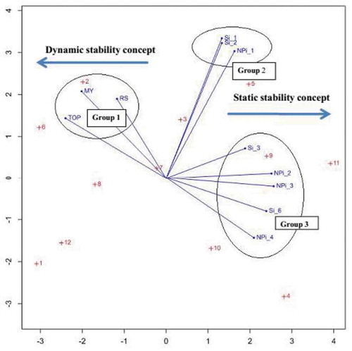 Figure 1. Bi plot of PC-1 and PC-2 of the rank correlation matrix of the 10 nonparametric stability parameters with seed yield.