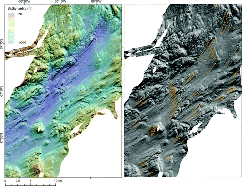 Figure 3. Example of crag-and-tails in a large isolated basin on the inner shelf. The left-hand panel is the relief-shaded image and the right-hand panel shows the mapped landforms (colours are the same as in the main map). The relief-shaded image is x20 exaggeration and is shaded from the NE.
