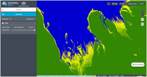 Figure 8. Intertidal Extents Model (ITEM) WMS layer, showing the intertidal extents at the coast near Derby, Western Australia.