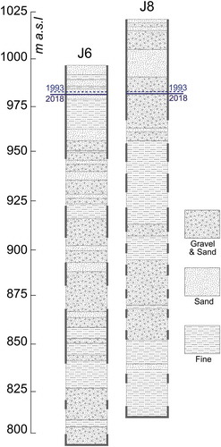 Figure 2. Vertical lithological and hydrogeological information at J6 and J8 observation boreholes, after JICA (Citation1995)