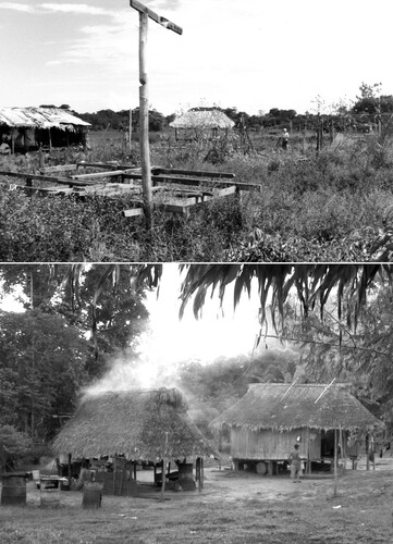 Figure 6. Top: Houses in the village of Maillard, French Guiana, showing various stages of deconstruction and deterioration. (Photo by Stéphen Rostain.) Bottom: Houses at Amotopo, Suriname. (Photo by Jimmy L.J.A. Mans, 2007).