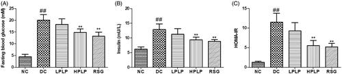 Figure 3. Effect of PLP on fasting blood glucose levels (A), insulin contents (B), and HOMA-IR (C) in db/db mice. Data are shown as the mean ± SD (n = 8). ##p < 0.01, DC group vs. NC group; **p < 0.01, drug-treated group vs. DC group.