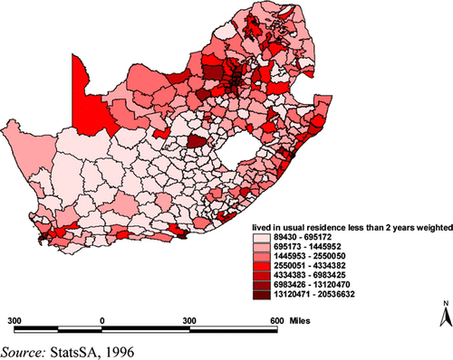 Figure 1. Weighted distribution of respondents having lived less than two years in usual place of residence