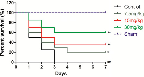 Figure 2 Effects of 7-OBA on percent survival of CLP mice. As compared with the sham group. ##p<0.01 indicates an extremely significant difference; As compared with the control group, *p< 0.05 indicates a significant difference, **p<0.01 indicates an extremely significant difference.