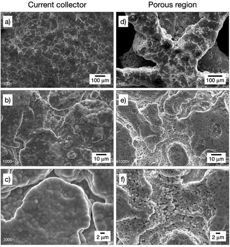 Figure 6. SEM images of the nickel coating on the 3D-printed porous electrode with triangular 20 ppi architecture at different locations and magnifications. At a mid-point in the current collector: a) 100×, b) 1000×, c) 2000×. At a point near the centre of the porous structure of the electrode: d) 100×, e) 1000×, f) 2000×.