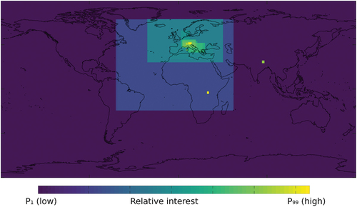 Figure 7. Spatial coverage of Eurac Research datasets. The contribution on a pixel of each dataset is weighted according to the dataset extent. The relative interest is calculated on each pixel as the combined contributions of all the datasets divided by the total. It is finally plotted on a world coastline map according to a logarithmic scale in the range between the 1st and the 99th percentiles of its distribution.