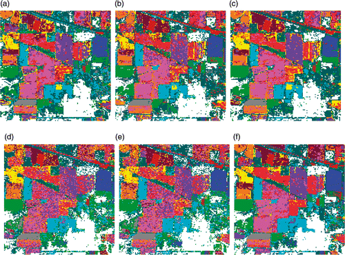 Figure 4. Classification maps for Indian Pines data with RF classifier using (a) Original data (b) PCA, (c) KPCA, (d) DAFE, (e) DBFE and (f) NWFE.