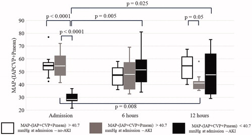 Figure 2. The course of MAP−(IAP + CVP + Pmean) in the first 12 h in ICU after major abdominal surgery. The p values within or between groups not shown were not statistically significant.