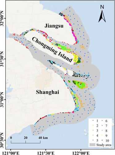 Figure 2. Spatial Distribution of Sample Points in 2020. 1-Phragmites australis, 2-Scirpus mariqueter, 3-Spartina alterniflora, 4-tidal flats, 5-marine water, 6-impervious surface, 7- aquaculture ponds, 8-land water, 9-farmland, 10-other.