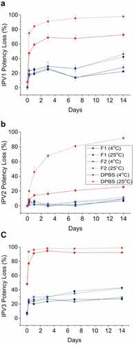 Figure 9. Stability profile of trivalent IPV in two candidate formulations during short-term storage in the dried state using scale-down model of NanopatchTM delivery system. Relative D-antigen values were measured for each IPV serotype (a) IPV1, (b) IPV2, (c) IPV3, and are relative to an unstressed liquid t-IPV stock solution. The T0 values display IPV serotypes losses immediately after drying. The t-IPV samples were dried onto LCP discs and stored in candidate formulations in a base buffer containing PBS and M199 with the following additives (F1, black): 4.5% SBE-beta-cyclodextrin +15-mM glutathione, (F2, blue): 2.5% gamma-cyclodextrin +15-mM glutathione), or (DPBS, red): no additional excipients. Samples were stored at either 4°C (solid lines) or 25°C (dashed lines) for up to 14 days and bars represent the one SD from triplicate experiments. Figure from Wan et al., 2018Citation28 with permission from Elsevier.