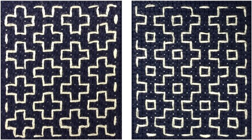 Figure 5. The two sides of a coaster decorated with hitomezashi. On the reverse of a pattern of offset crosses jūjizashi, a regular pattern of small squares and stepped lines (kuchi and yamagata) is formed.