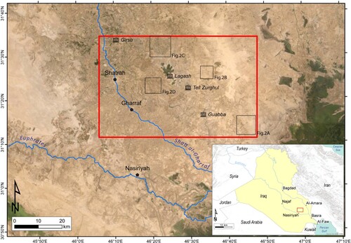 Figure 1. Satellite imagery (ESRI TerraColor NextGen) of the study area (red rectangle) and the location of satellite imageries in Figure 2 (black squares).